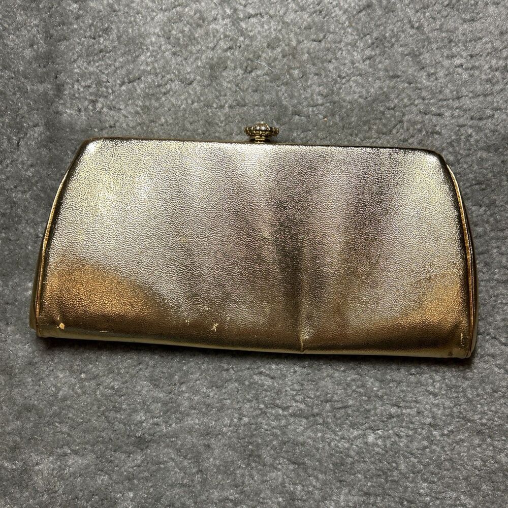 Vintage Gold Metallic Clutch Purse Evening Bag Chain Strap Satin Lined 50’s 60’s - Picture 15 of 16